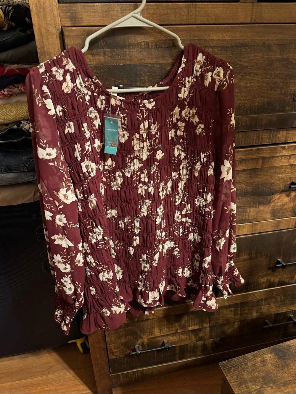 Maurices Burgundy Floral Smocked Peasant Blouse